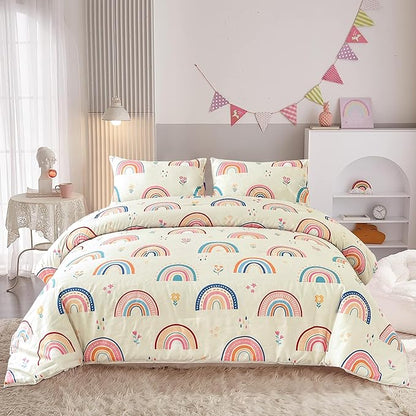 Btargot Lightweight Soft 3 Piece Rainbow Comforter Set with 2 Pillow Covers, Cartoon Love Hearts Flowers and Grass Bedding Set for Girls Boys Kids, Queen Multi-Color