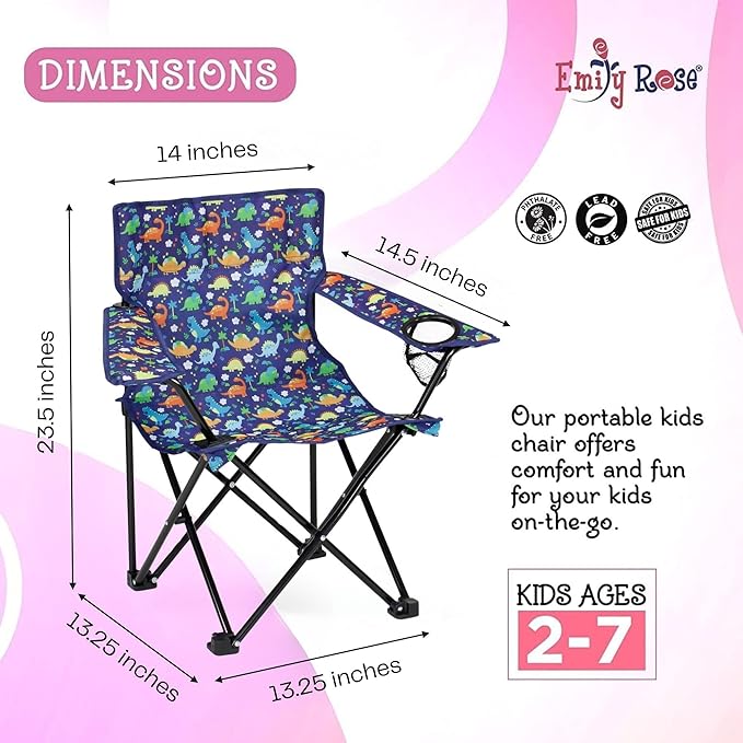 Emily Rose Kids Folding Chair | Beach Chair with Safety Lock- Camping Chair for Boyos Girls Toddler with Cup Holder & Carry Case- Tailgate, Travel, Lawn- for Indoor & Outdoor (Playful Dinosaurs)