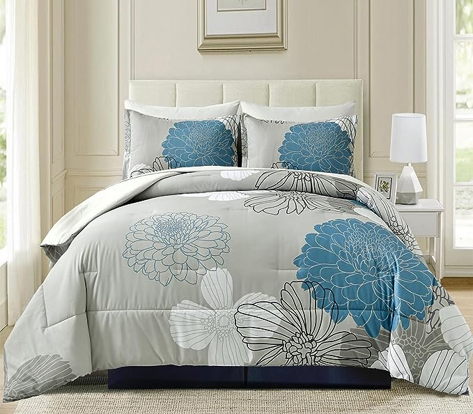 Yiran 7 Pieces Bed in a Bag Blue Floral Comforter Set Queen Size Flowers Comforter Set Soft Microfiber Bedding Set (1 Comforter 1 Flat Sheet 1 Fitted Sheet 2 Pillowshams 2 Pillowcases)