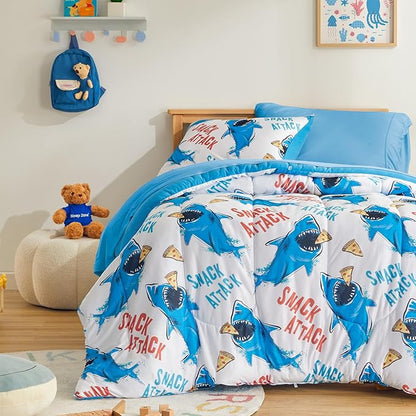 SLEEP ZONE Jersey Knit 3-Piece Full/Queen Size Comforter Set, Lightweight Kids Bedding Sets for All Seasons, Fluffy Soft, Easy Care (Sharks, Full/Queen)