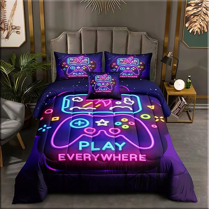 5 Pieces Gamer Bedding Set for Boys Gaming Comforter Twin Size, Game Controller Comforter for Teen 3D Gamepad Microfiber 5 Piece Bed in A Bag Kids Bedding Sets with Sheets,DJT H5031 Twin