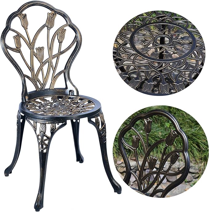 Mandolin Patio Table and Chairs,5 Piece Outdoor Dining Set,Rust-Resistant Cast Aluminum Bistro Set,with Cushion,Tulip Design (Copper)