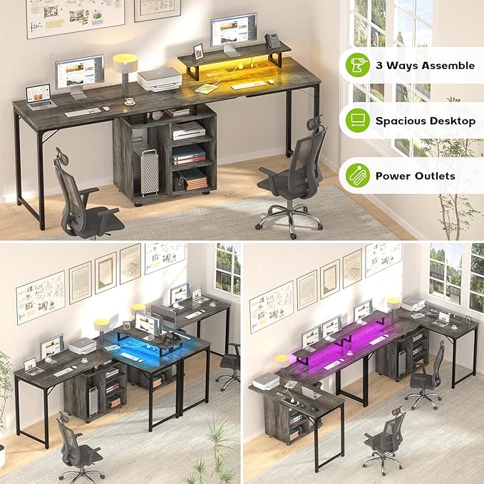 Cyclysio L Shaped Gaming Desk with Wood Cabinet, 58" Large Corner Desk with LED Lights & Power Outlet, Reversible Computer Desk with Monitor Stand, Home Office Desk 2 Person Corner Desk, Grey Oak