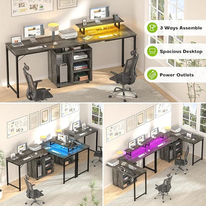 Cyclysio L Shaped Gaming Desk with Wood Cabinet, 58" Large Corner Desk with LED Lights & Power Outlet, Reversible Computer Desk with Monitor Stand, Home Office Desk 2 Person Corner Desk, Grey Oak
