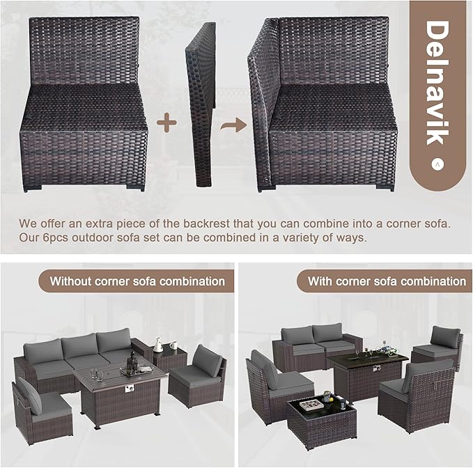 Patio Furniture Sectional Sofa Set 10-Pieces PE Rattan Swivel Rocking Chairs Outdoor Furniture Set w/43in Gas Fire Pit Table, Patio Conversation with 55000 BTU Propane Fire Pit, Grey