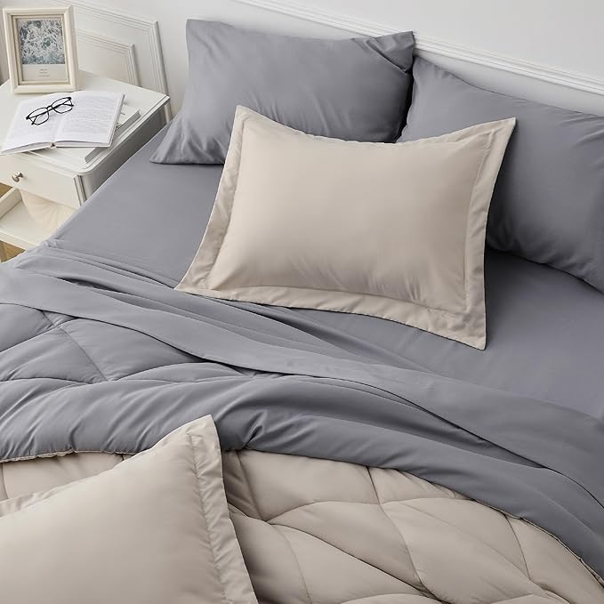 Bedsure Beige Full Comforter Set - 7 Pieces Reversible Bed Set Bed in a Bag Full with Comforters, Sheets, Pillowcases & Shams, Full Bedding Sets