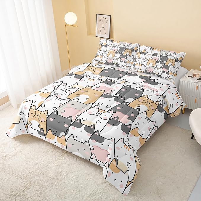 Kawaii Cat Comforter Queen Size,Cats Comforter Set for Kids Teens Girls Boys,3Pcs Bedding Set Printed Comforter with 2 Pillowcases,Down Alternative,Soft and Lightweight，Queen Size