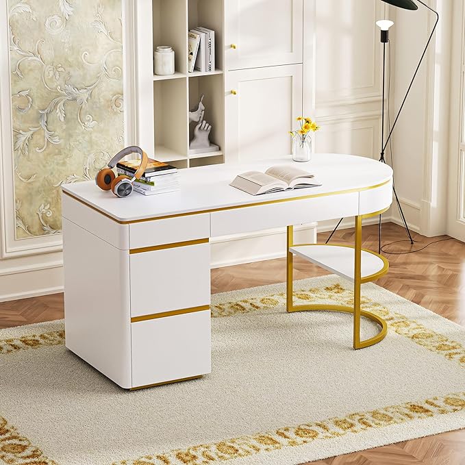 NicBex Laik-DW-00036-DX Desks, 60" W x 26.1" D x 31.9" H, Gold+White