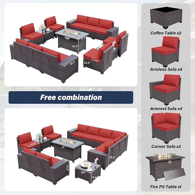 Patio Furniture Sectional Sofa Set 13-Pieces PE Rattan Patio Conversation Set w/43in Gas Fire Pit Table, Outdoor Furniture with 55000 BTU Propane Fire Pit, Red
