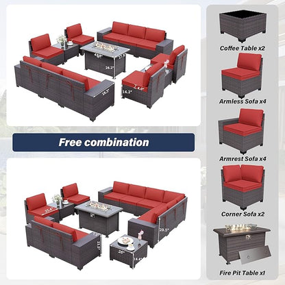 Patio Furniture Sectional Sofa Set 13-Pieces PE Rattan Patio Conversation Set w/43in Gas Fire Pit Table, Outdoor Furniture with 55000 BTU Propane Fire Pit, Red