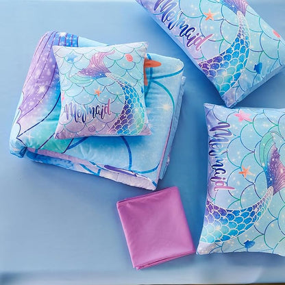 URBONUR 6Pcs Twin Comforter Set for Girls Pastel Purple Blue Mermaid Printed Bedding Set for Girls Bedroom, Soft All Season Bed in a Bag Comforter with Sheet Set, Twin Size