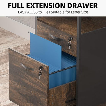 2 drawer file cabinet with lock, Wood Filing Cabinet for Home Office with Wheels and Open Shelf, Small Rolling Printer Stand and Under Desk File Cabinets for A4/Letter-Size Files-Brown