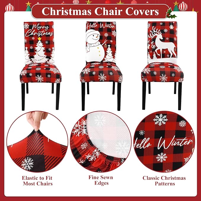 U'Artlines Christmas Chair Covers Set of 6, Removable Washable Merry Christmas Dining Chair Seat Covers Stretch Protector Slipcovers for Dining Room Kitchen Holiday Party Decor, Red Buffalo Plaid