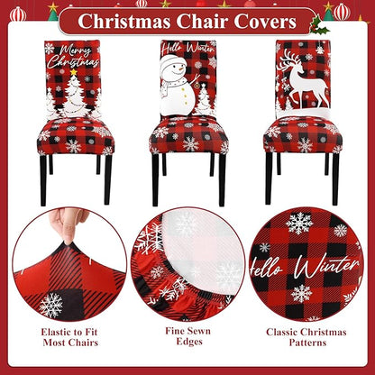 U'Artlines Christmas Chair Covers Set of 6, Removable Washable Merry Christmas Dining Chair Seat Covers Stretch Protector Slipcovers for Dining Room Kitchen Holiday Party Decor, Red Buffalo Plaid