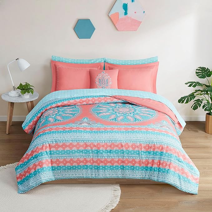 Degrees of Comfort Twin Bed in A Bag 6 Piece, Boho Mandala Bedding Sets for Girls, Coral Tween Bed Set, Microfiber Comforter Set with Sheet, Matching Decorative Pillow