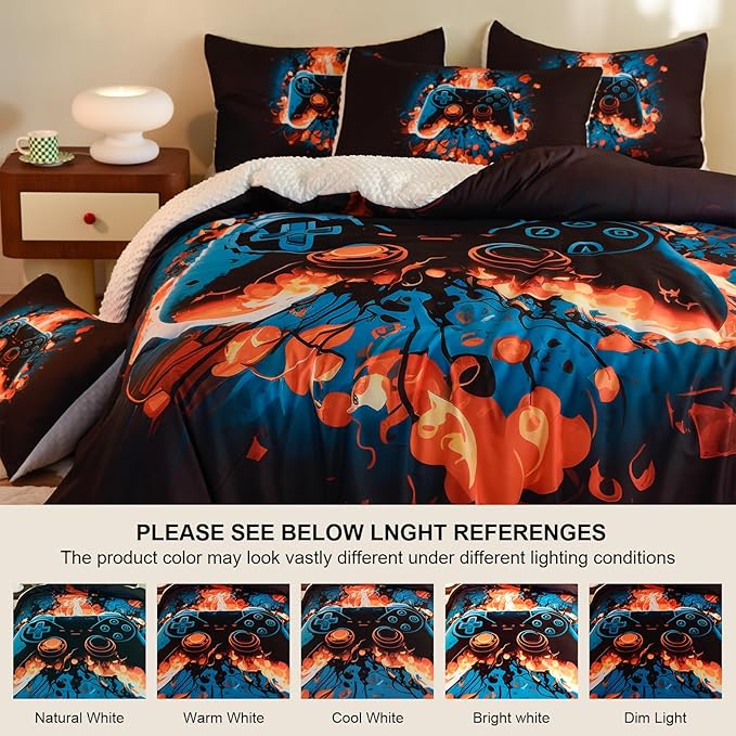 Video Game King Size Comforter Set for Boys Kids Teens Gamepad Gaming Controller and Fire Pattern Bedding Set- 3 Piece Quilt with 2 Pillowcases (104"x90")