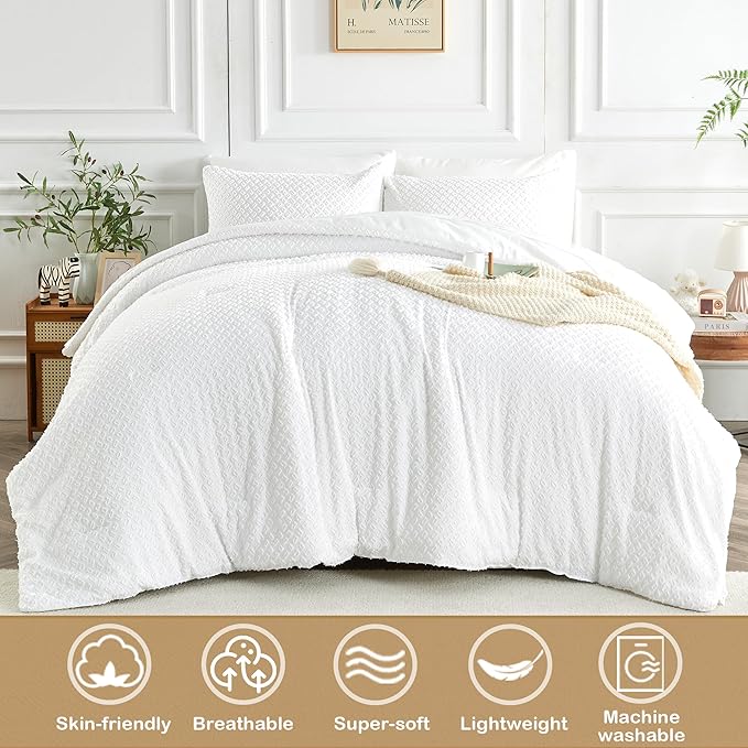 Twin Size Kids Comforter Set 6 Piece White Tufted Bedding Set for Boys Girls Jacquard Tufts Embroidery Bed in A Bag Quilt with 1 Comforter, 1 Flat Sheet, 1 Fitted Sheet, 1 Pillowcase and 2 Pillow Sham