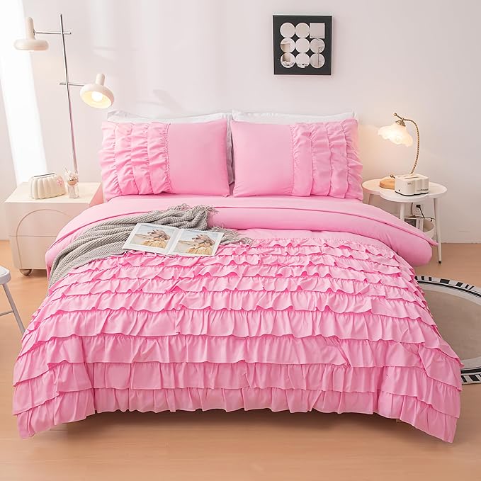 Pink Comforter Set Twin, 5-Piece Bed in a Bag Twin for Teen Girls, Pink Ruffle Bedding Set for Girls Kids, Teen Girls Bedding Sets,Princess Dress Comforter for All Season