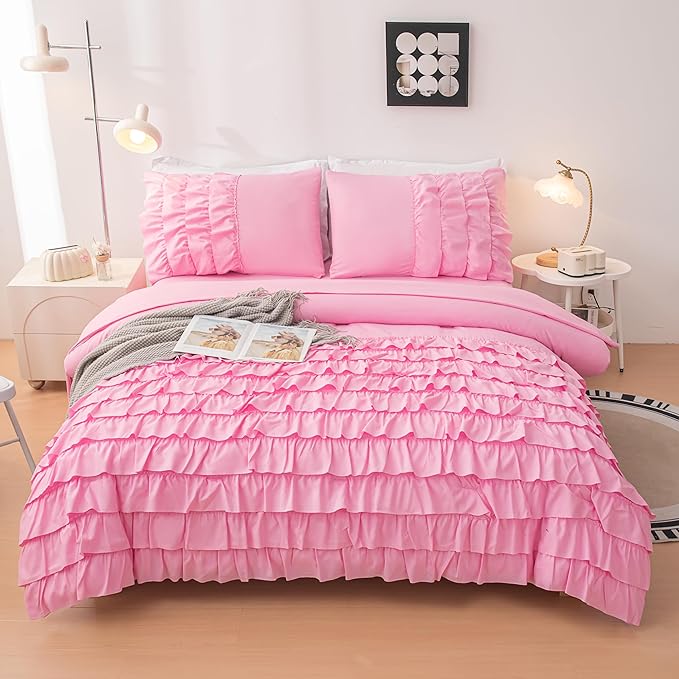 Teen Girls Pink Princess Dress Comforter Set Queen Size, 5 Pcs Bed in a Bag Girls Queen, Girls Pink Ruffled Bedding Set, Teen Bedding Sets for Girls Kids with Sheets