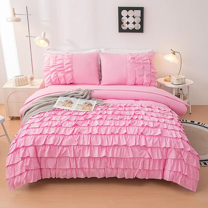 Teen Girls Pink Princess Dress Comforter Set Queen Size, 5 Pcs Bed in a Bag Girls Queen, Girls Pink Ruffled Bedding Set, Teen Bedding Sets for Girls Kids with Sheets