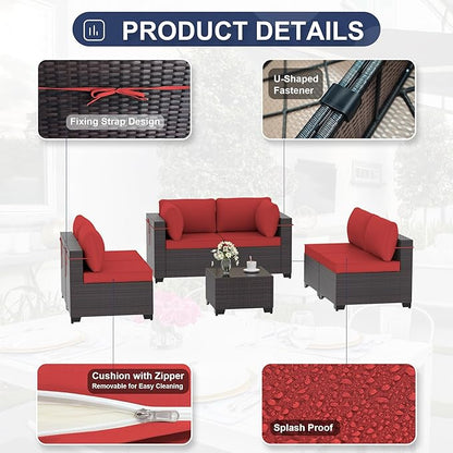 Outdoor Furniture Set 7PCS Patio Furniture for Backyard Wicker Sectional Sofa Set 6 Seats, PE Rattan Outdoor Conversation Set with Thickened Cushions and Glass Coffee Table, Red