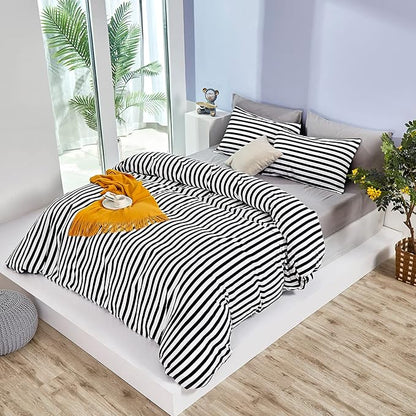 White and Black Stripes Comforter Set King Women Bedding Set Soft Durable White Striated Bedding Set Black Stripes Ticking Quilts Hotel Quality Comforter Set Girls White Black Stripes Bed Set