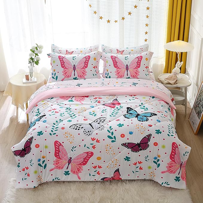 Girls Butterfly Comforter Set Queen Size 7 Piece Bed in A Bag Colorful Flowers Leaves Bedding Set for Kids Teens Super Soft All Season