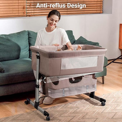 Baby Crib,3 in 1 Bedside Crib Adjustable Portable Bed for Infant,Baby Bassinet Baby Newborn Must Have Bed, Khaki