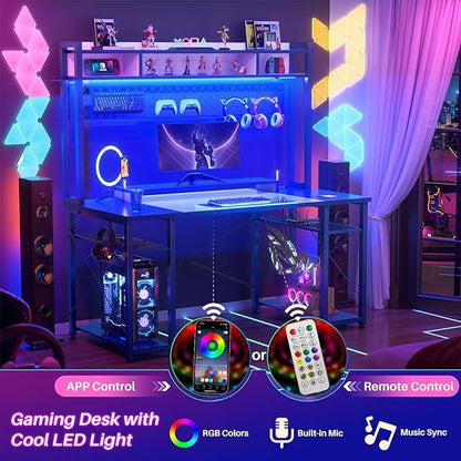 armocity 2024 Upgrade Gaming Desk with Hutch, 48'' Magic Computer Desk with LED Lights and Outlets, Reversible Workstation Desk with Pegboard and Monitor Stand, 48 Gamer Desk PC Table, White and Blue