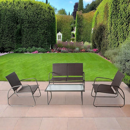 Mapleleaf 4 Pieces Rattan Patio Furniture Set, Outdoor Wicker Conversation Sofa Set, Rattan Chair and Glass Coffee Table for Yard, Pool or Backyard (Brown)
