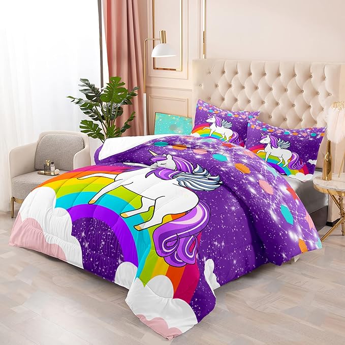 Girls Unicorn Comforter Sets Queen Comforter Set for Girls Unicorn Bedding Sets Queen Cartoon Unicorn Print Comforter Sets Girls Bedding Room Decor, Purple, 1 Comforter+2 Pillowcases