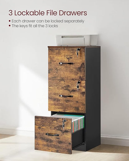 VASAGLE 3-Drawer Vertical File Cabinet, Filing Cabinet for Home Office, Printer Stand, with 3 Lockable Drawers, Adjustable Hanging Rail, for A4 and Letter-Size Files, Rustic Brown and Black UOFC055B01