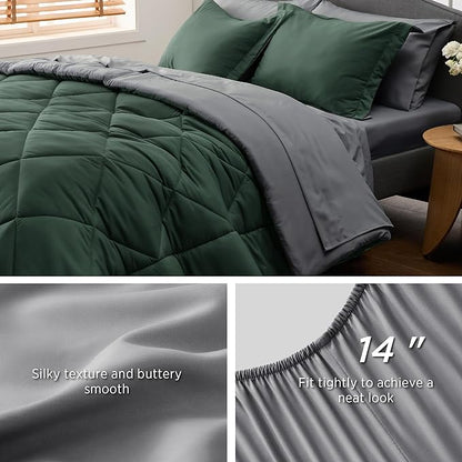 Bedsure Forest Green Queen Comforter Set - 7 Pieces Reversible Queen Bed in a Bag, Queen Bed Set Forest Green and Grey with Comforters, Sheets, Pillowcases & Shams