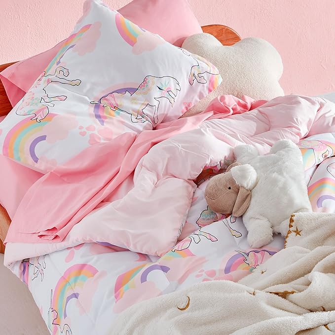 SLEEP ZONE Kids Bedding Comforter Set Full/Queen Size - Super Cute & Soft Kids Bedding 7 Pieces Set with Comforter, Sheet, Pillowcase & Sham (Pink Unicorn)