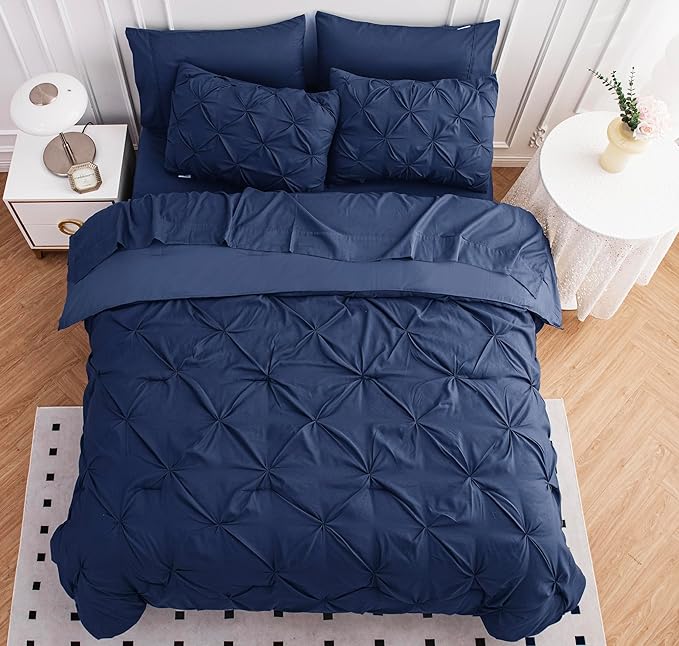 Lane Linen King Size Comforter Set, 7 Piece Bedding King Size, Pintuck King Bed in a Bag Set, Soft King Size Bed Set, Pinch Pleated King Size Comforter Set with Sheets, Pillowcases & Shams - Navy Blue