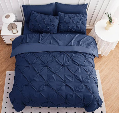 Lane Linen King Size Comforter Set, 7 Piece Bedding King Size, Pintuck King Bed in a Bag Set, Soft King Size Bed Set, Pinch Pleated King Size Comforter Set with Sheets, Pillowcases & Shams - Navy Blue