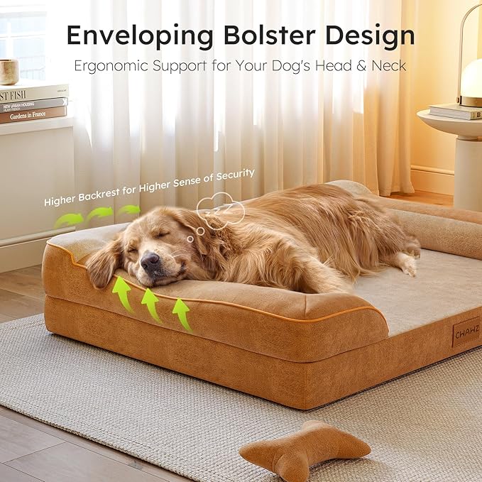 XXL Dog Bed for Extra Large Dogs, Giant Orthopedic Dog Bed with Cooling Gel Memory Foam, Waterproof Dog Bed with Removable Washable Cover, 53" Dog Sofa Bed Dutch Velvet with Bone Toy, Brown