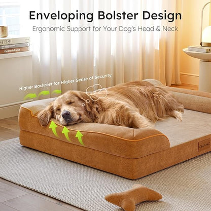 XXL Dog Bed for Extra Large Dogs, Giant Orthopedic Dog Bed with Cooling Gel Memory Foam, Waterproof Dog Bed with Removable Washable Cover, 53" Dog Sofa Bed Dutch Velvet with Bone Toy, Brown