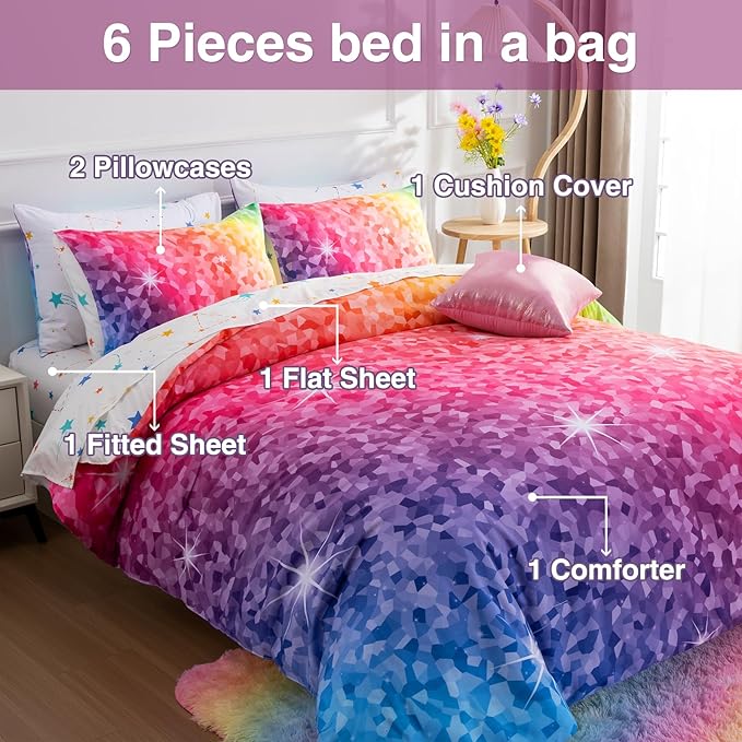 A Nice Night 6Pcs Gradient Abstract Art Grid Mosaic Geometric Bedding Set for Girls, Colorful Rainbow Galaxy Comforter Set, Ultra Soft Bedding Sets (PinkYellow,Twin 6Pcs)