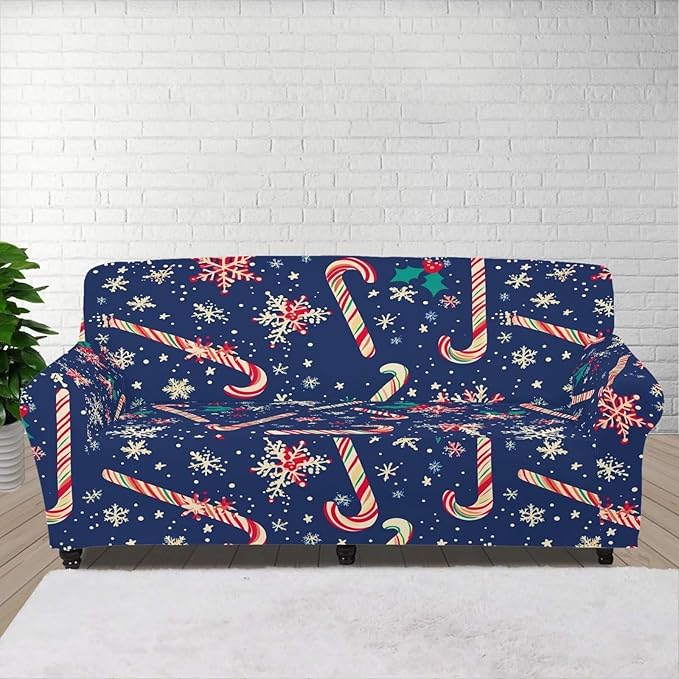 FKELYI Christmas Easy Going Stretch Sofa Slipcover Blue Candy Cane Furniture Protector Easy Going Stretch Sofa Slipcovers with Elastic Bottom L