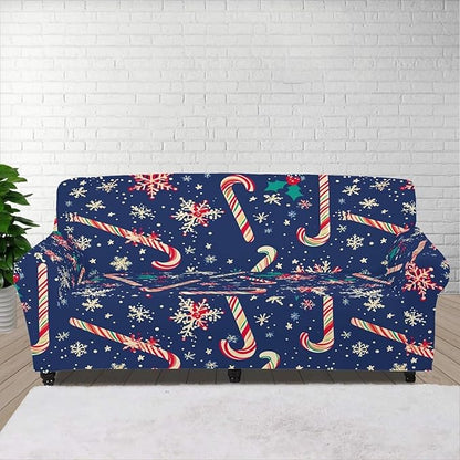 FKELYI Christmas Easy Going Stretch Sofa Slipcover Blue Candy Cane Furniture Protector Easy Going Stretch Sofa Slipcovers with Elastic Bottom L