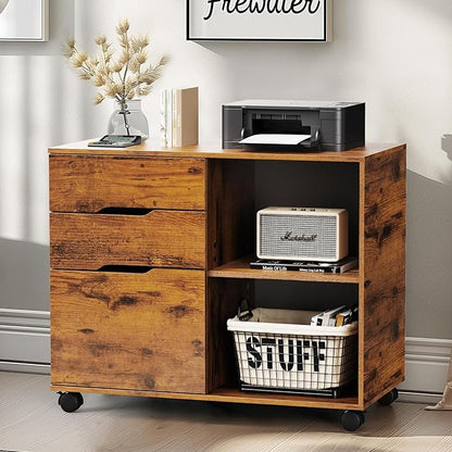 DUMOS Lateral File Cabinet with 3 Drawers Rolling Wooden Printer Stand Under Desk Storage Organizer with 4 Wheels Adjustable Shelf for Office Home, Rustic Brown