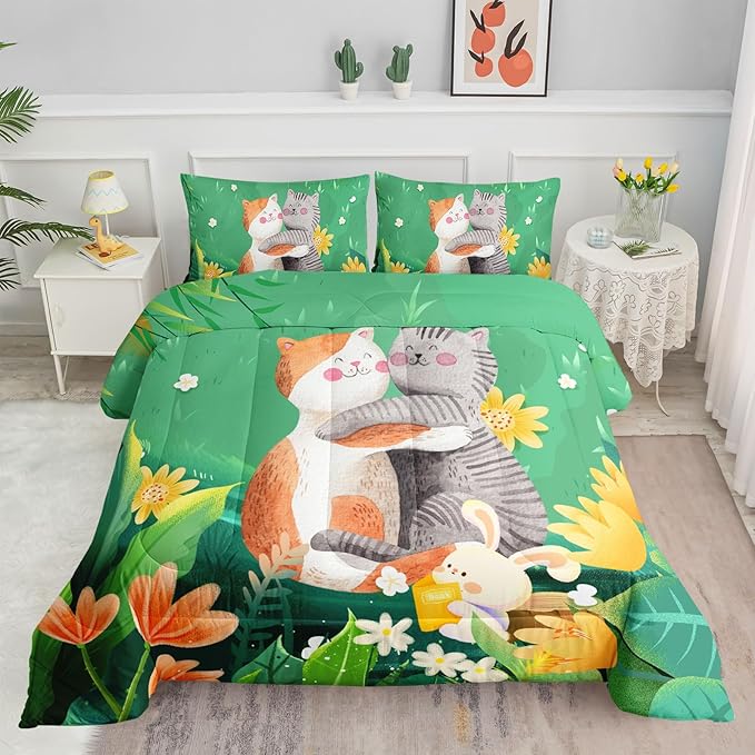 Datura home Cute Cat Kids Comforter Bedding Set for Boys Girls, Watercolor Cat Forest Rabbit and Flower Print Comforter with 2 Pillowcases(Cute Cat Twin)