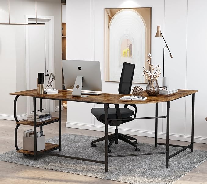 Anivia 68.9" Reversible L Shaped Desk with Storage Shelves - Corner Computer Desks Gaming Table Workstation for Home Office, Writing, Study, Caramel Brown