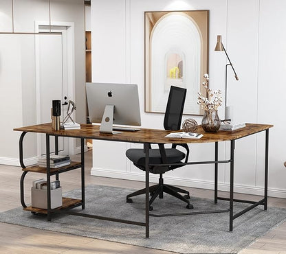Anivia 68.9" Reversible L Shaped Desk with Storage Shelves - Corner Computer Desks Gaming Table Workstation for Home Office, Writing, Study, Caramel Brown