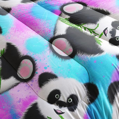 Panda Comforter Full Size,Neon Panda Comforter Set for Kids Teens Girls Boys,3Pcs Bedding Set Printed Comforter with 2 Pillowcases,Down Alternative,Soft and Lightweight，Full Size