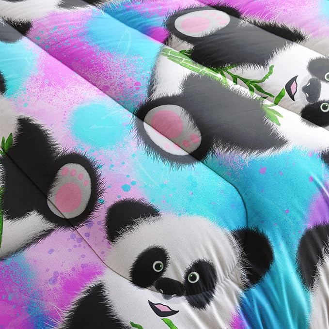 Panda Comforter Queen Size,Neon Panda Comforter Set for Kids Teens Girls Boys,3Pcs Bedding Set Printed Comforter with 2 Pillowcases,Down Alternative,Soft and Lightweight，Queen Size