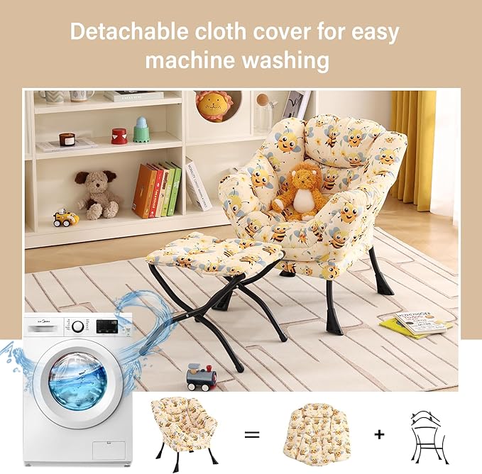 Welnow Toddler Kids Lazy Chair with Ottoman, Glow in The Dark Accent Comfy Lounge Children Armchair Couch with Removable Cover, Detachable Reading Chair with Footrest for Boy or Girl, Bees