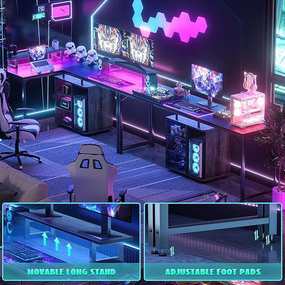 Cyclysio L Shaped Gaming Desk with Wood Cabinet, 58" Large Corner Desk with LED Lights & Power Outlet, Reversible Computer Desk with Monitor Stand, Home Office Desk 2 Person Corner Desk, Grey Oak