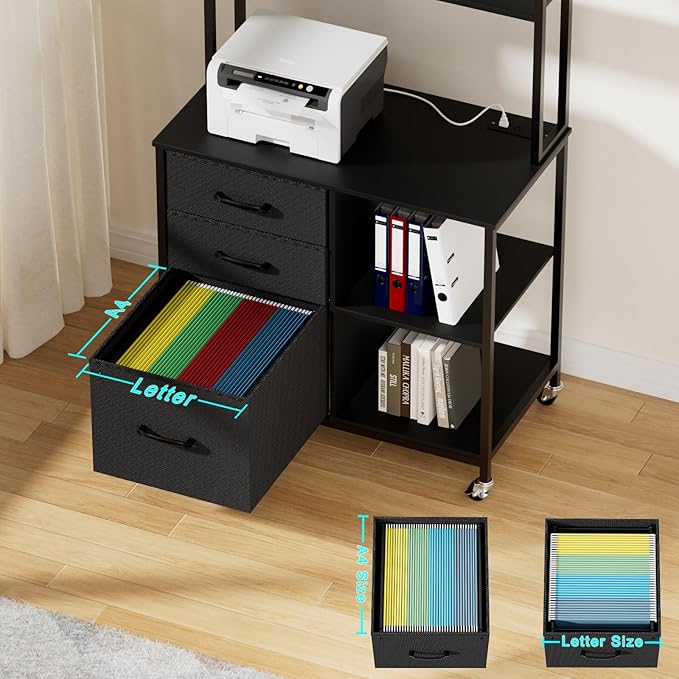 File Cabinet with Drawers and Shelves,Mobile Printer Stand with Storage,Black Filing Cabinet with Wheels for Home Office